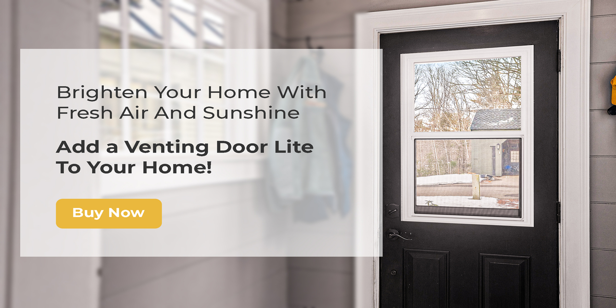 White venting door lite installed on a grey door in the winter letting in fresh air
