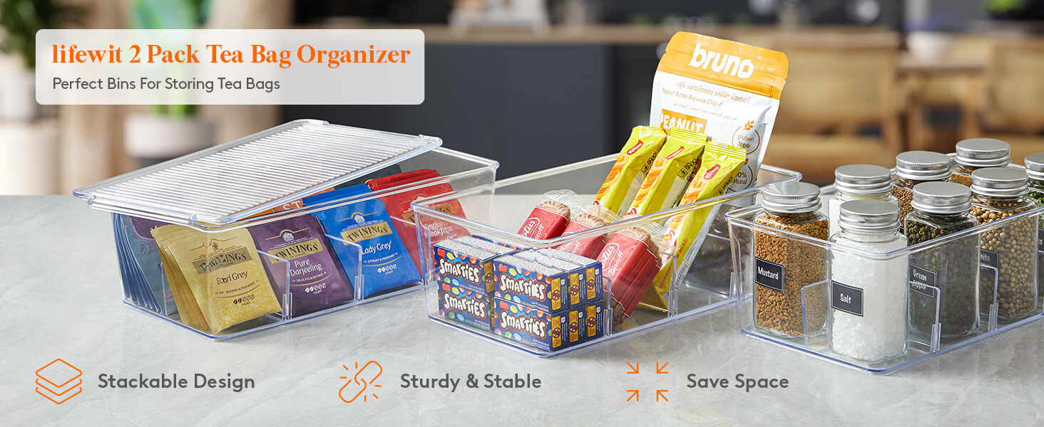 Plastic Tea Bag Organizer Bins Box, Tea Storage Container for Kitchen
