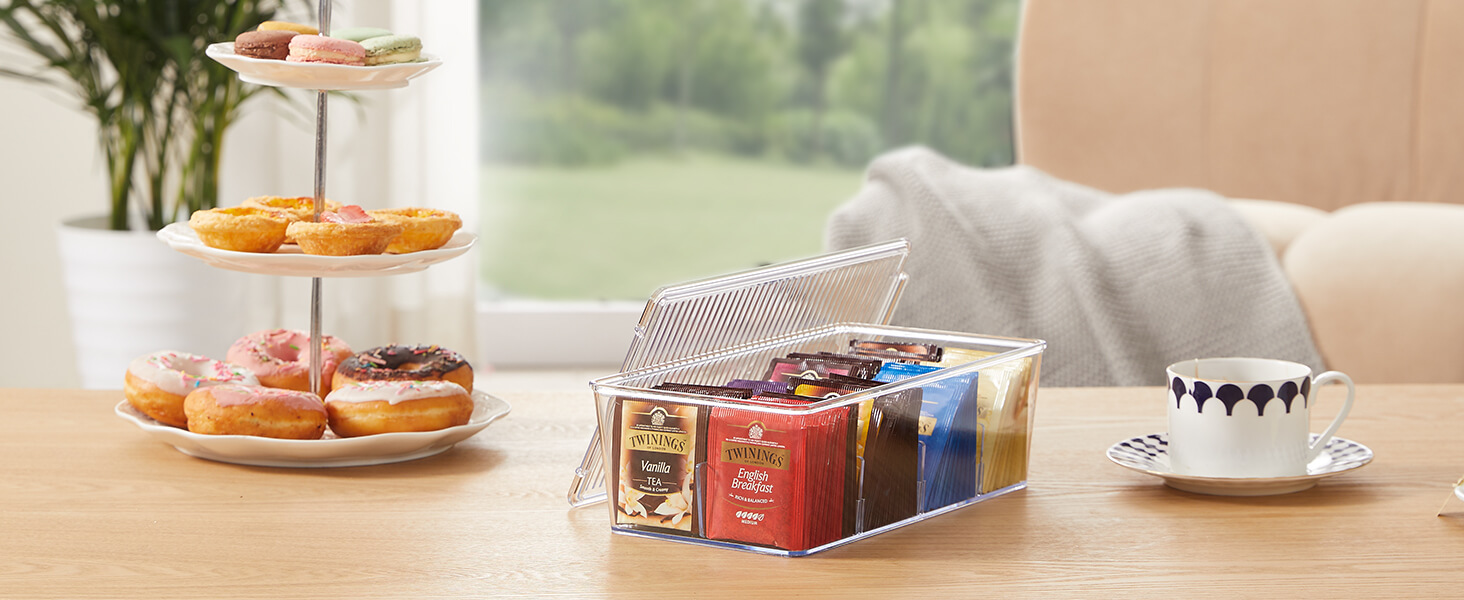 Plastic Tea Bag Organizer Bins Box, Tea Storage Container for Kitchen